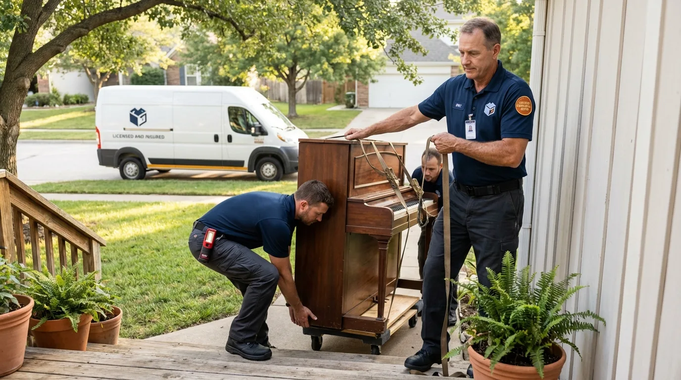 Licensed piano movers securing grand piano in Wibaux, MT
