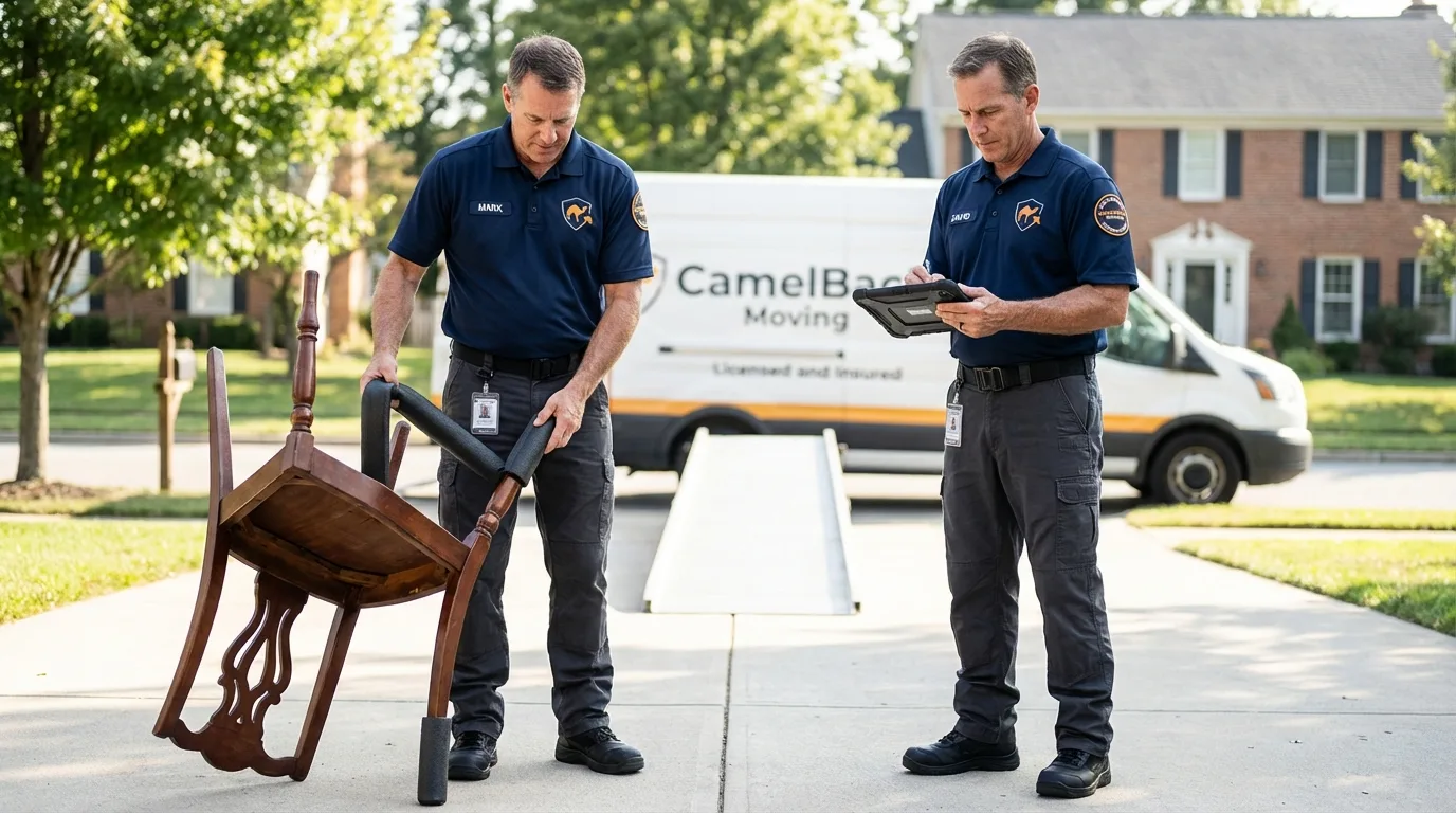 Movers inspecting furniture for damage prevention before loading in Wibaux, MT