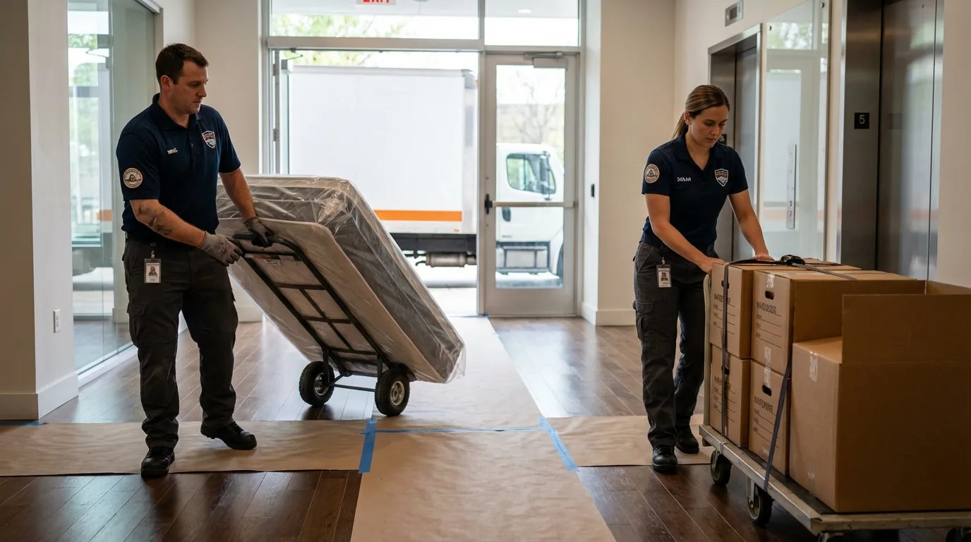 Professional apartment movers loading elevator in Wibaux, MT