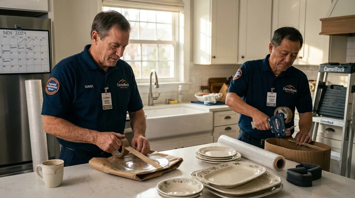 Professional crew packing kitchen dishware in Wibaux, MT